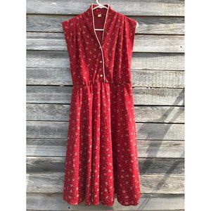 Vintage Red + Cream Leaf Pattern Midi Dress